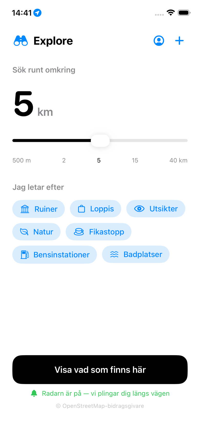 Omvägens startskärm: radie och kategorier