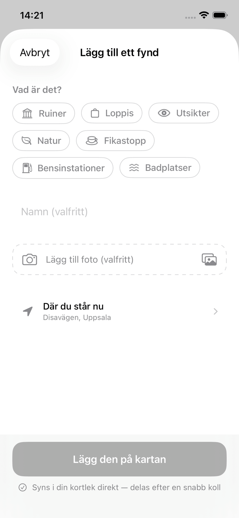 Formuläret Lägg till ett fynd i appen
